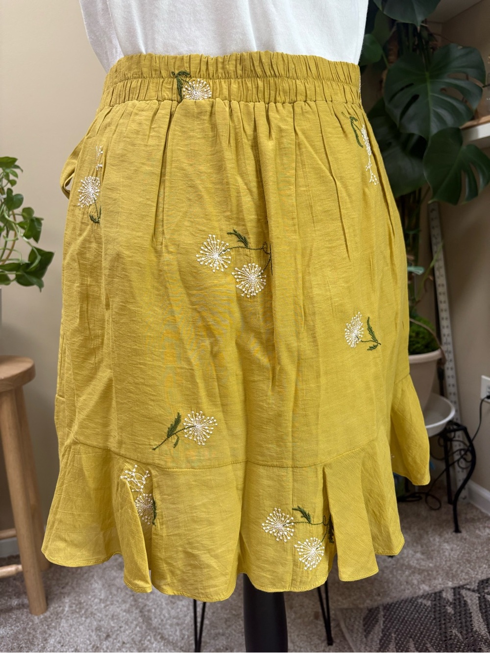 Anthropologie G.P.D. Embroidered Mustard Tie-Waist Ruffle Mini Skirt - Picture 5 of 9